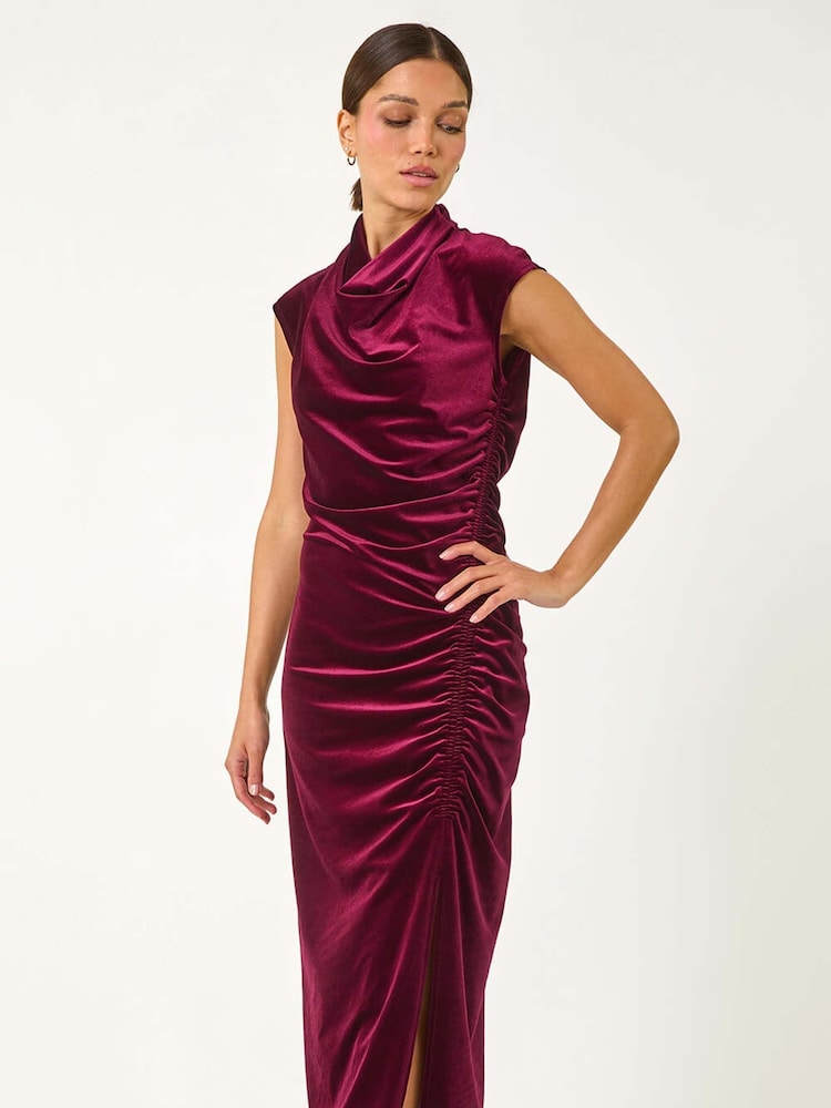 Roman Red High Neck Velvet Midi Dress - Image 1 of 5