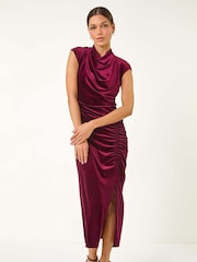 Roman Red High Neck Velvet Midi Dress - Image 2 of 5