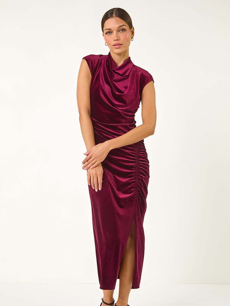 Roman Red High Neck Velvet Midi Dress - Image 2 of 5
