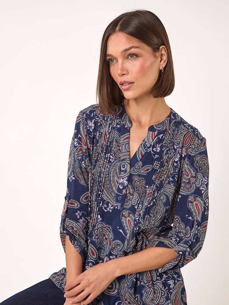 Roman Blue Paisley Print Pintuck Stretch Shirt - Image 1 of 5