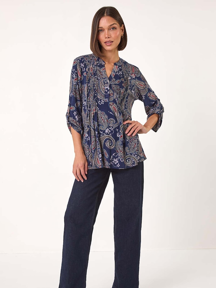 Roman Blue Paisley Print Pintuck Stretch Shirt - Image 2 of 5 Roman Blue Paisley Print Pintuck Stretch Shirt - Image 2 of 5