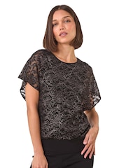 Roman Metallic Metallic Lace Bubble Hem Top - Image 4 of 5