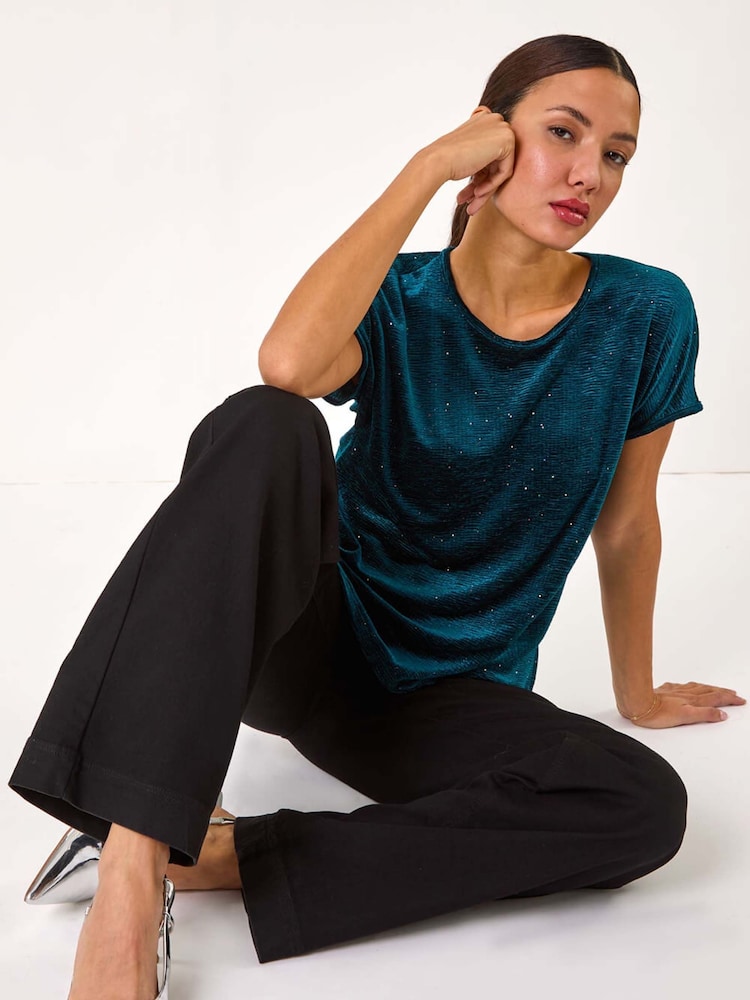 Roman Green Glitter Velvet Stretch Top - Image 1 of 5