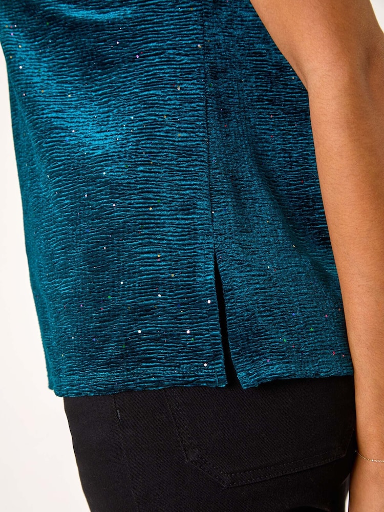 Roman Green Glitter Velvet Stretch Top - Image 5 of 5