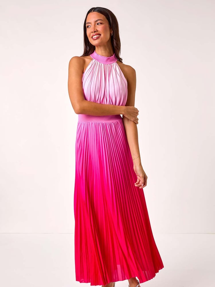 Roman Pink Ombre Halter Neck Pleated Maxi Dress - Image 1 of 5
