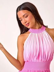 Roman Pink Ombre Halter Neck Pleated Maxi Dress - Image 4 of 5