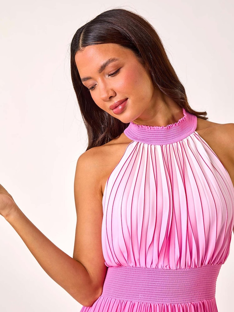 Roman Pink Ombre Halter Neck Pleated Maxi Dress - Image 4 of 5