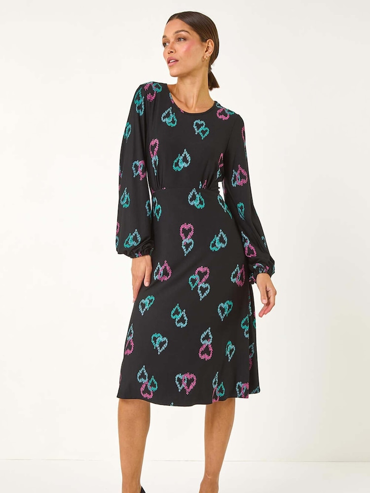 Roman Black Heart Print Tea Stretch Midi Dress - Image 1 of 5