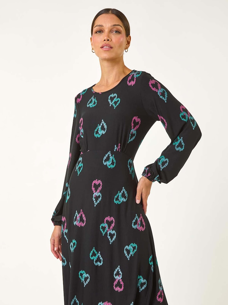 Roman Black Heart Print Tea Stretch Midi Dress - Image 2 of 5