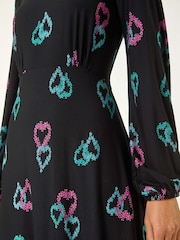 Roman Black Heart Print Tea Stretch Midi Dress - Image 5 of 5