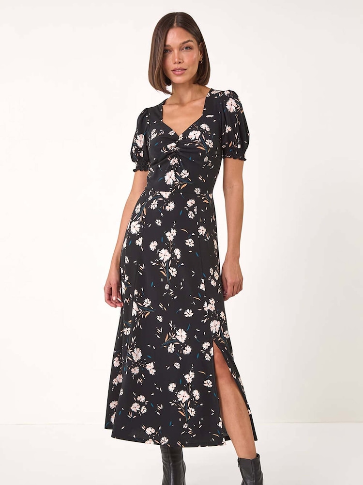 Roman Black Floral Sweetheart Neck Dress - Image 1 of 5 Roman Black Floral Sweetheart Neck Dress - Image 1 of 5