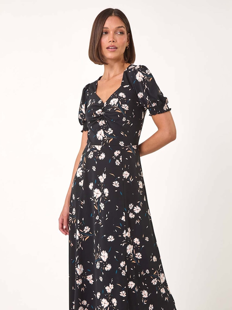 Roman Black Floral Sweetheart Neck Dress - Image 2 of 5 Roman Black Floral Sweetheart Neck Dress - Image 2 of 5
