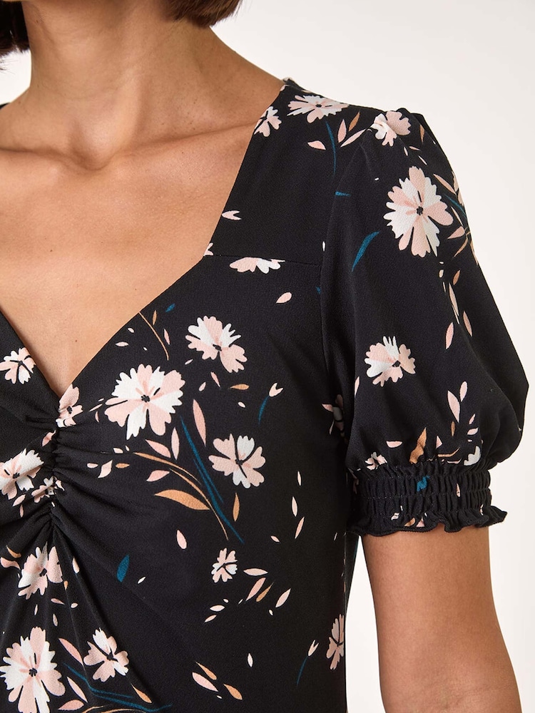 Roman Black Floral Sweetheart Neck Dress - Image 5 of 5 Roman Black Floral Sweetheart Neck Dress - Image 5 of 5