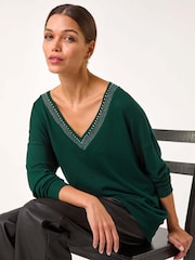 Roman Green Hotfix Trim V-Neck Knit Jumper - Image 1 of 5