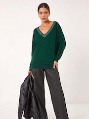 Roman Green Hotfix Trim V-Neck Knit Jumper - Image 2 of 5