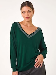Roman Green Hotfix Trim V-Neck Knit Jumper - Image 4 of 5
