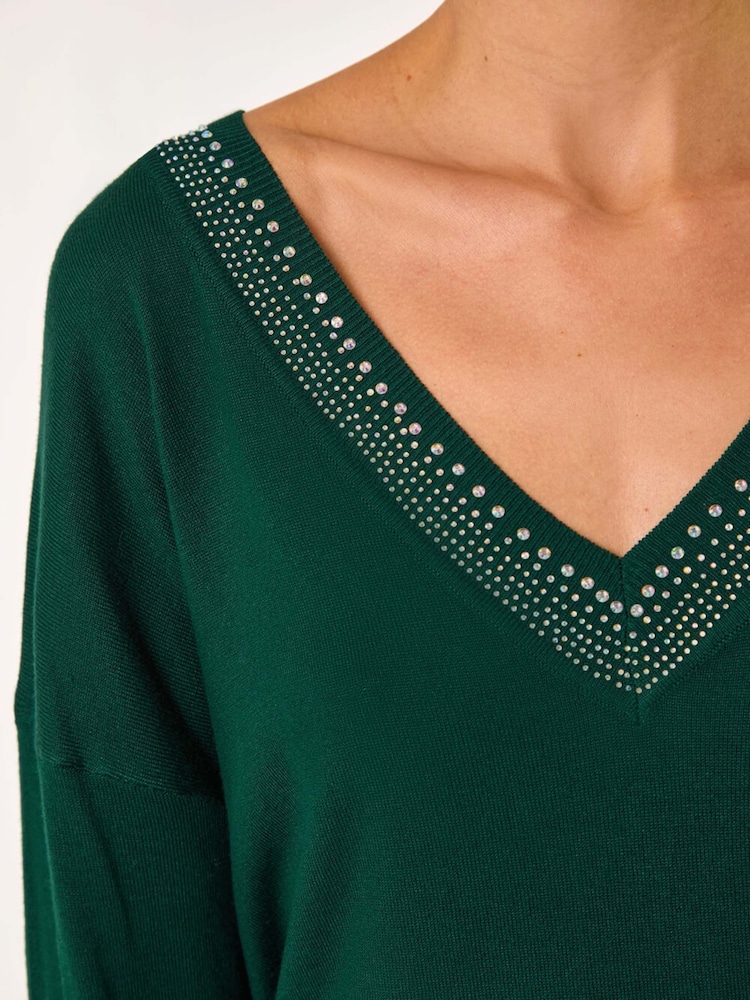 Roman Green Hotfix Trim V-Neck Knit Jumper - Image 5 of 5