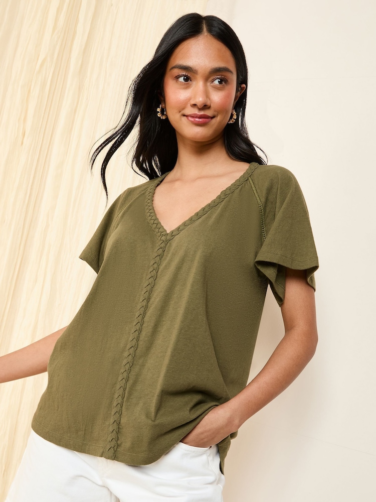 Friends Like These Khaki Green Short Sleeve Plait Trim Tunic - Image 1 of 4 Friends Like These Khaki Green Short Sleeve Plait Trim Tunic - Image 1 of 4