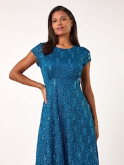 Roman Blue Sequin Fluted Hem Lace Stretch Dress - Image 1 of 5