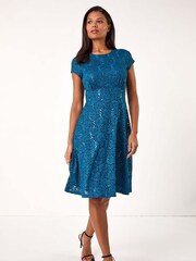 Roman Blue Sequin Fluted Hem Lace Stretch Dress - Image 3 of 5