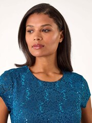 Roman Blue Sequin Fluted Hem Lace Stretch Dress - Image 4 of 5