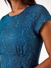 Roman Blue Sequin Fluted Hem Lace Stretch Dress - Image 5 of 5