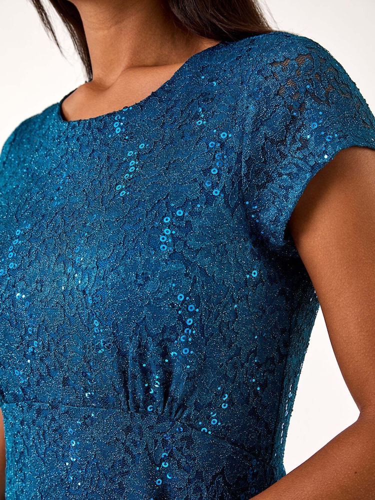 Roman Blue Sequin Fluted Hem Lace Stretch Dress - Image 5 of 5