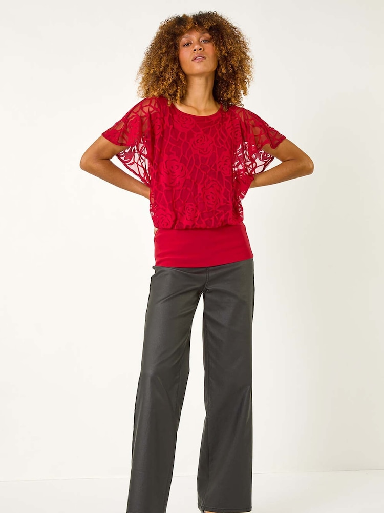 Roman Red Rose Burnout Bubble Hem Top - Image 1 of 5