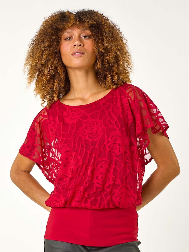 Roman Red Rose Burnout Bubble Hem Top - Image 2 of 5