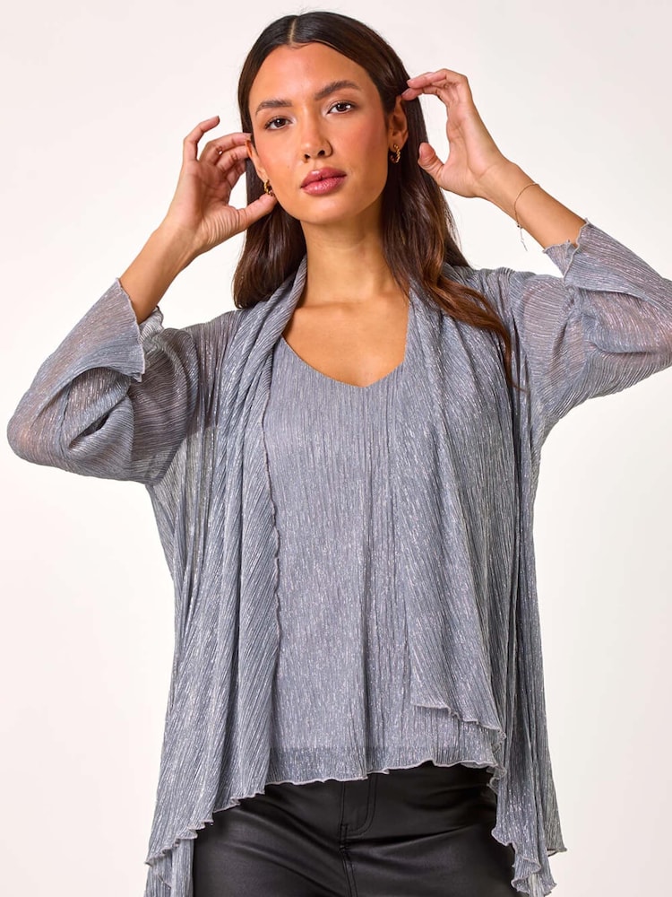 Roman Metallic Plisse Spot Print Metallic Foil Kimono - Image 2 of 5