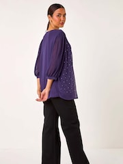 Roman Purple Pleated Sleeve Hotfix Detail Top - Image 3 of 5