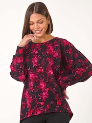 Roman Pink Rose Floral Print Stretch Hem Top - Image 1 of 5