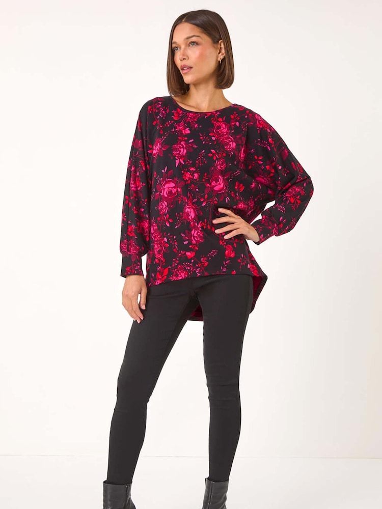 Roman Pink Rose Floral Print Stretch Hem Top - Image 2 of 5