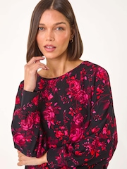 Roman Pink Rose Floral Print Stretch Hem Top - Image 4 of 5