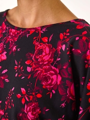 Roman Pink Rose Floral Print Stretch Hem Top - Image 5 of 5