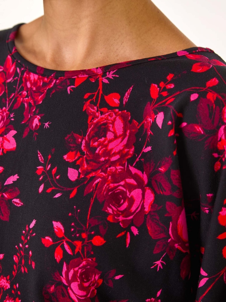 Roman Pink Rose Floral Print Stretch Hem Top - Image 5 of 5