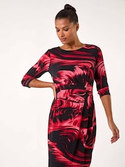 Roman Red Side Ruched Brush Print Dress - Image 1 of 5