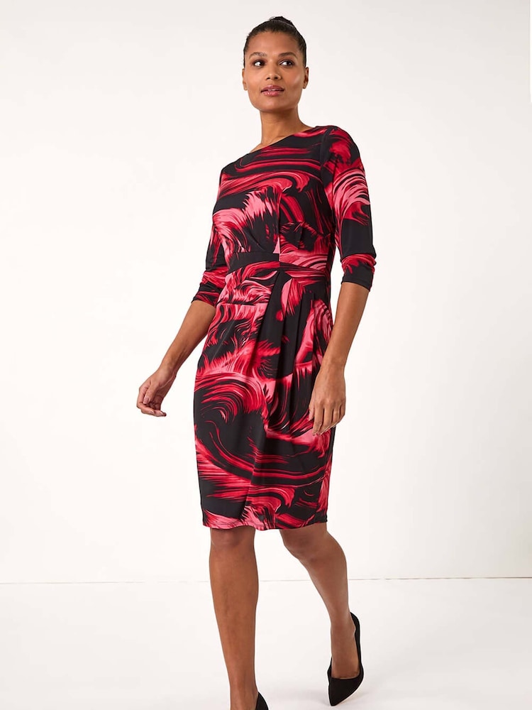 Roman Red Side Ruched Brush Print Dress - Image 2 of 5