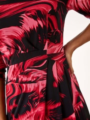 Roman Red Side Ruched Brush Print Dress - Image 5 of 5