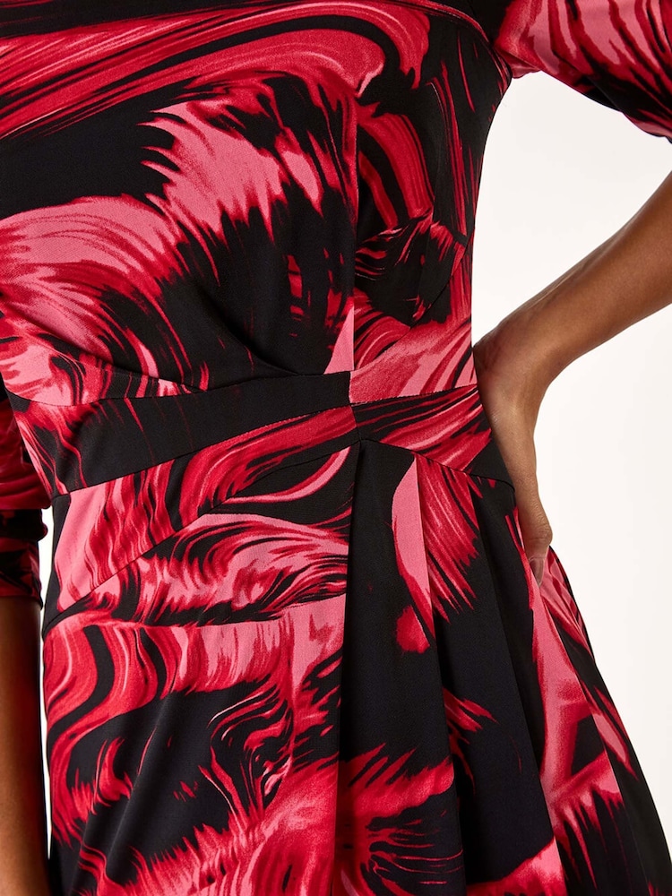 Roman Red Side Ruched Brush Print Dress - Image 5 of 5