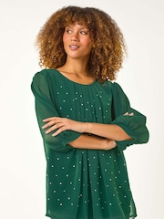 Roman Green Pleated Sleeve Hotfix Detail Top - Image 1 of 5