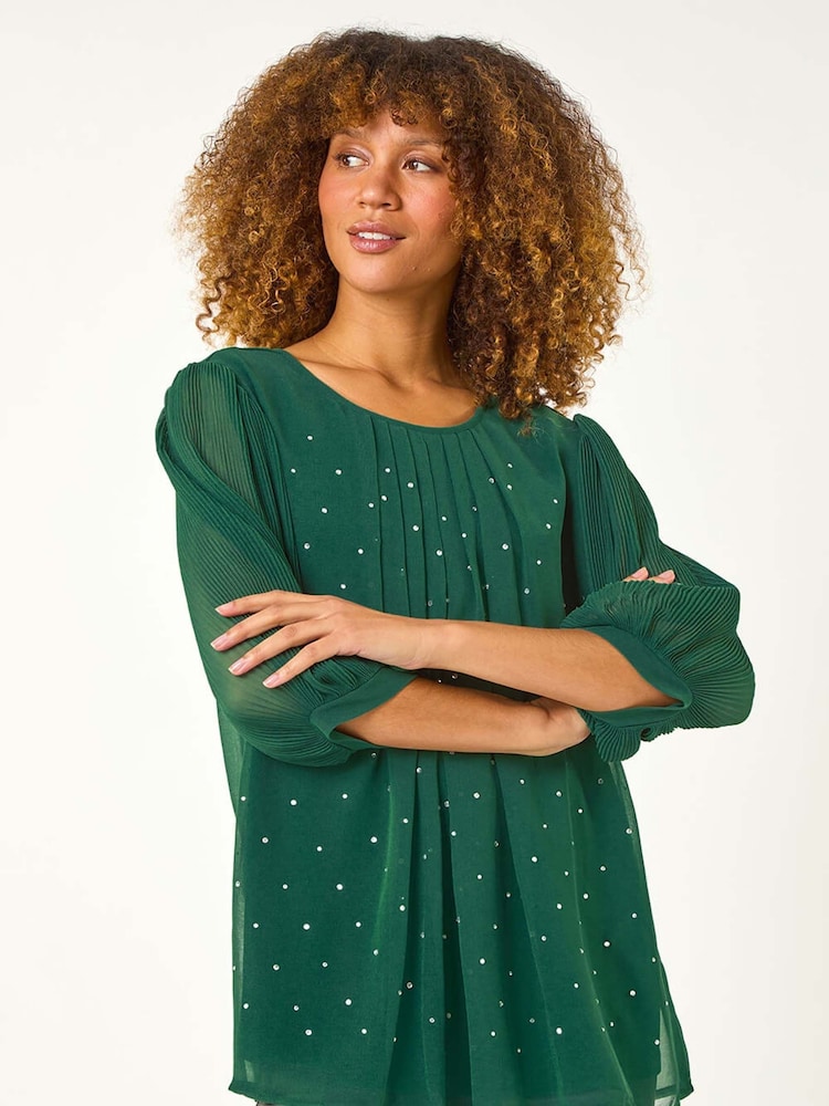 Roman Green Pleated Sleeve Hotfix Detail Top - Image 1 of 5