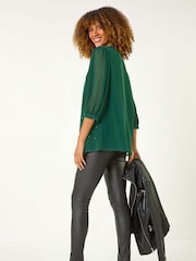 Roman Green Pleated Sleeve Hotfix Detail Top - Image 3 of 5