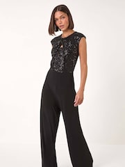 Roman Black Sequin Twist Front Jumpsuit - Image 1 of 5