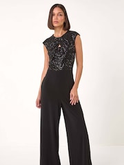 Roman Black Sequin Twist Front Jumpsuit - Image 2 of 5