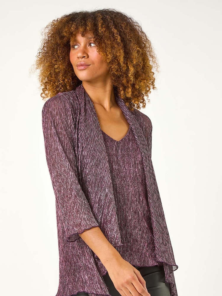 Roman Pink Plisse Spot Print Metallic Foil Kimono - Image 1 of 5