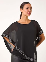 Roman Black Sequin Hem Overlay Stretch Top - Image 1 of 5