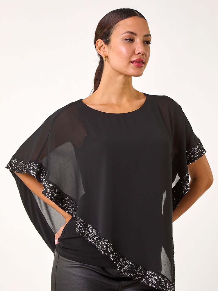 Roman Black Sequin Hem Overlay Stretch Top - Image 1 of 5