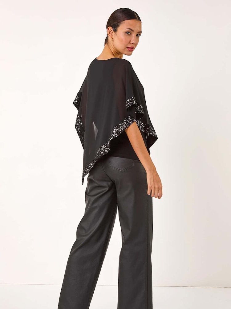 Roman Black Sequin Hem Overlay Stretch Top - Image 2 of 5