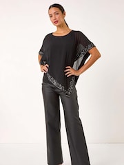 Roman Black Sequin Hem Overlay Stretch Top - Image 3 of 5